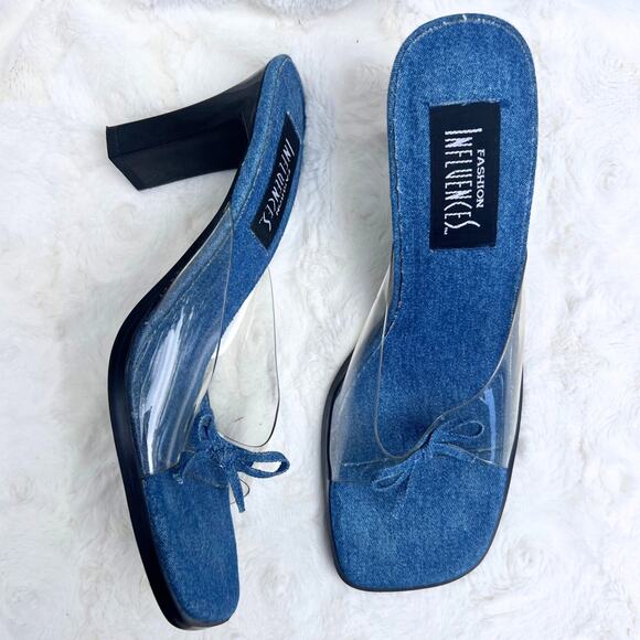 Fashion Influences Shoes - Y2K Clear Strap Square Toe Denim Heels Barbiecore Statement Party Homecoming